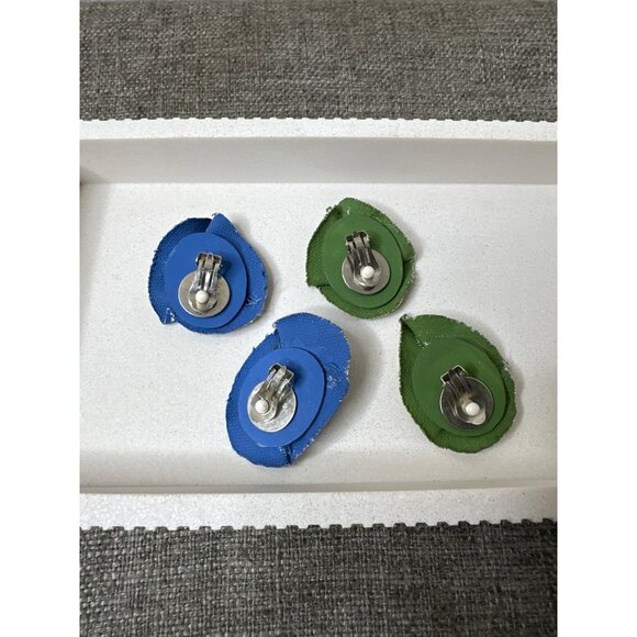 Handcrafted Leaf Clip-On Earrings Set of 2 Blue & Green Fabric Abstract Pattern - Picture 2 of 3